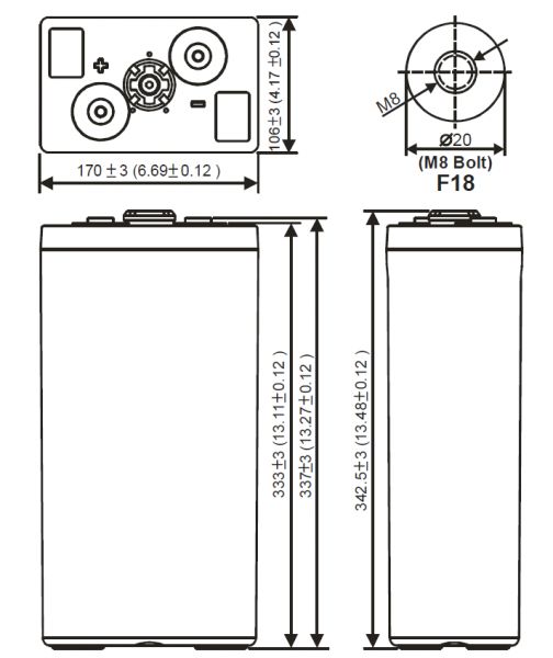 GMDSS radio battery / lead AGM accumulator 2V/200.0Ah C10 / 170x106x333mm (LxWxH)